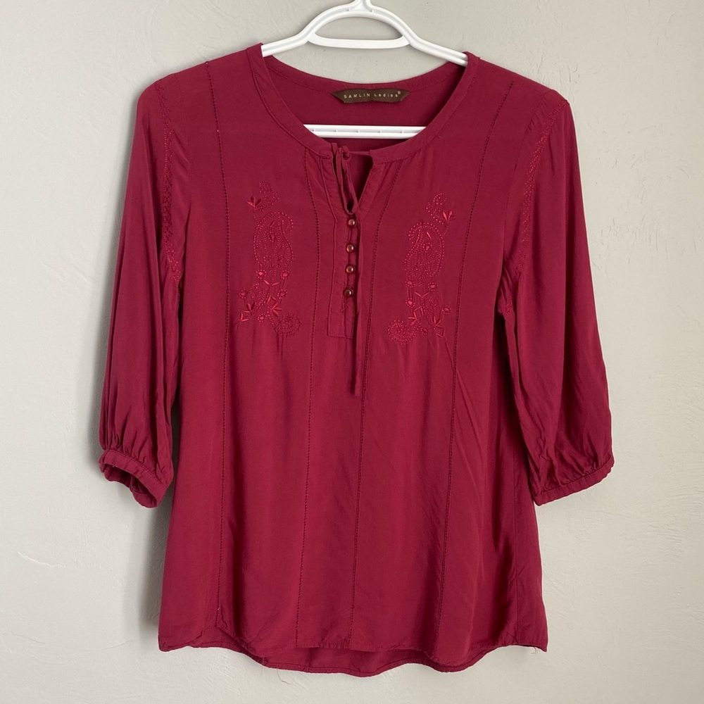 SAMLIN Red Blouse with Embroidered Design Buttoned 3/4 Sleeves